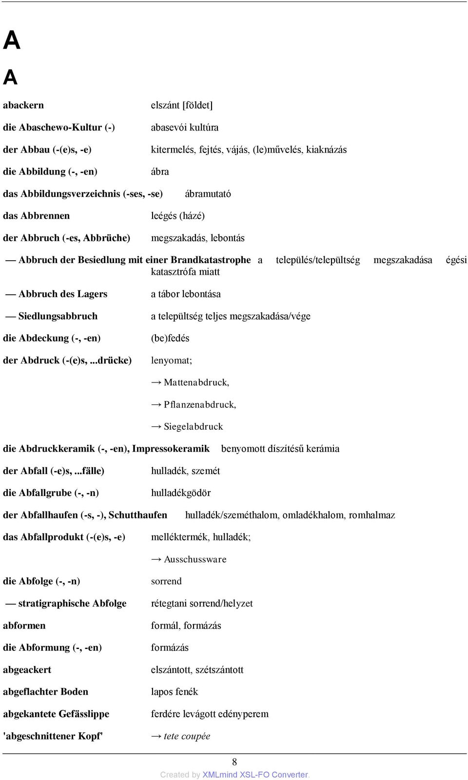 katasztrófa miatt Abbruch des Lagers a tábor lebontása Siedlungsabbruch a települtség teljes megszakadása/vége die Abdeckung (-, -en) der Abdruck (-(e)s,.