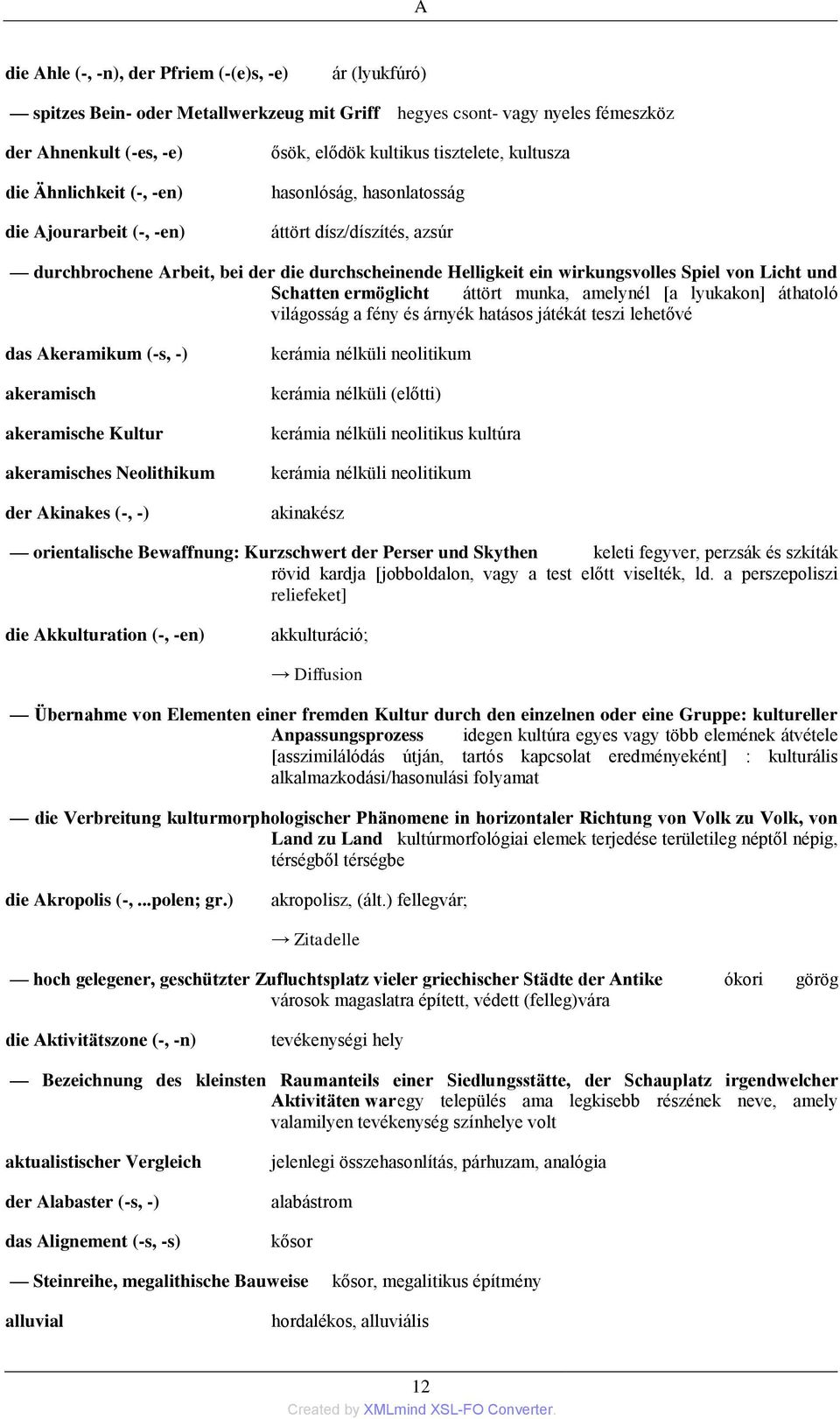 Spiel von Licht und Schatten ermöglicht áttört munka, amelynél [a lyukakon] áthatoló világosság a fény és árnyék hatásos játékát teszi lehetővé das Akeramikum (-s, -) akeramisch akeramische Kultur