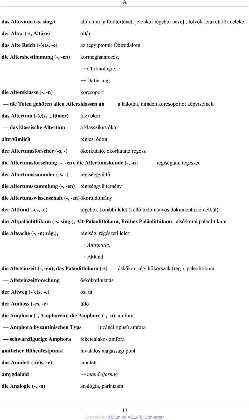 kormeghatározás; Chronologie, Datierung die Altersklasse (-, -n) korcsoport die Toten gehören allen Altersklassen an a halottak minden korcsoportot képviselnek das Altertum (-(e)s,.