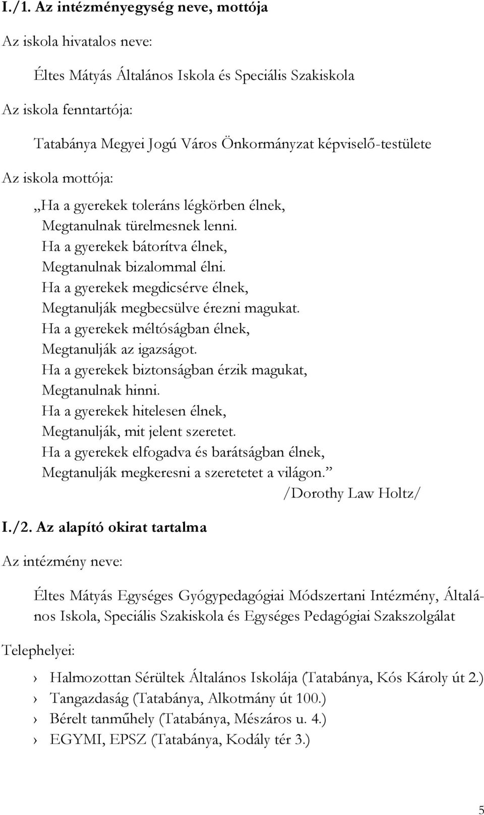 Ha a gyerekek megdicsérve élnek, Megtanulják megbecsülve érezni magukat. Ha a gyerekek méltóságban élnek, Megtanulják az igazságot. Ha a gyerekek biztonságban érzik magukat, Megtanulnak hinni.