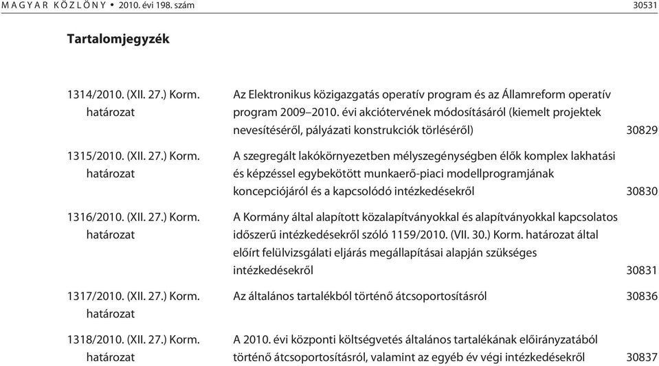 évi akciótervének módosításáról (kiemelt projektek nevesítésérõl, pályázati konstrukciók törlésérõl) 30829 A szegregált lakókörnyezetben mélyszegénységben élõk komplex lakhatási és képzéssel