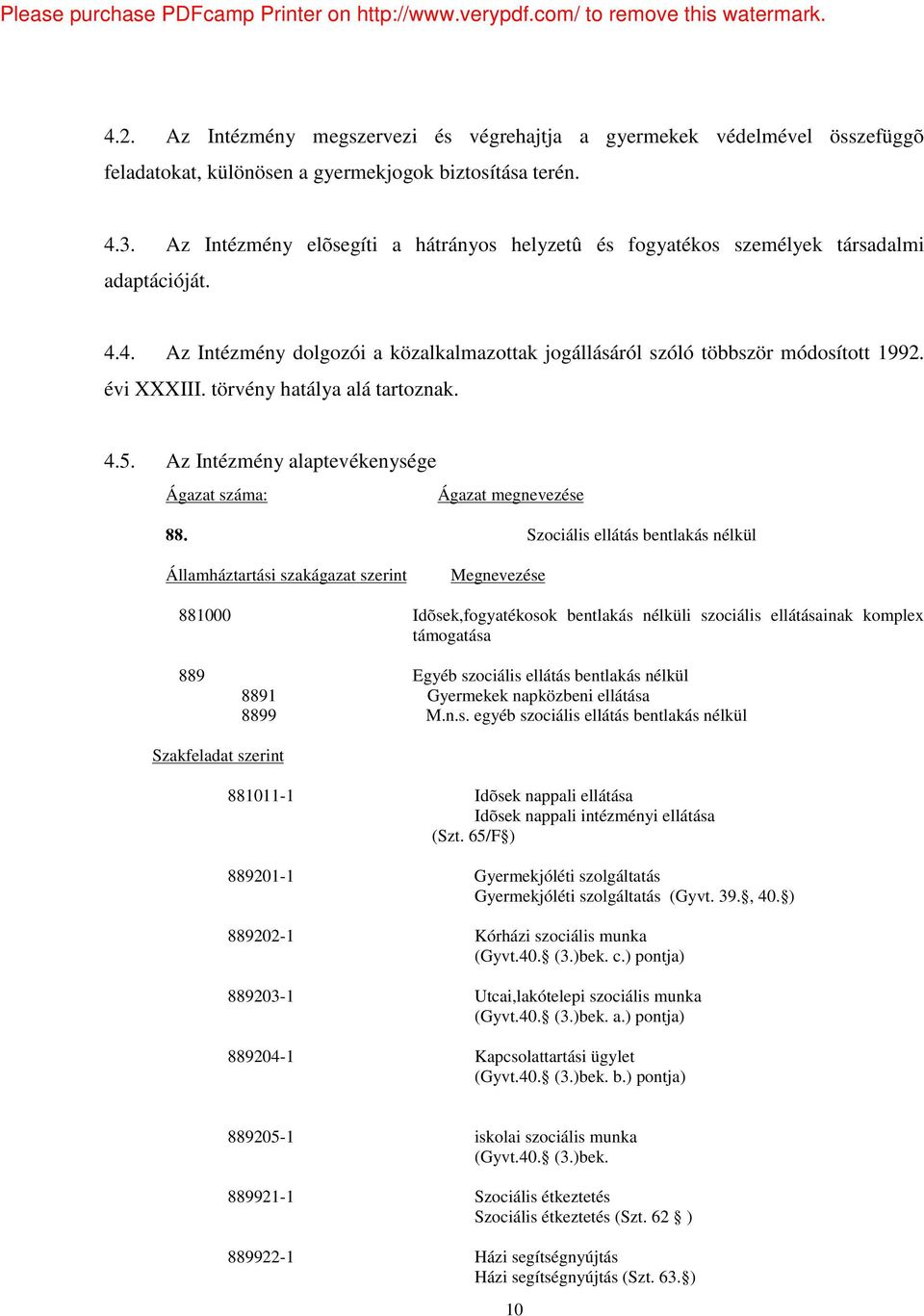 törvény hatálya alá tartoznak. 4.5. Az Intézmény alaptevékenysége Ágazat száma: Ágazat megnevezése 88.