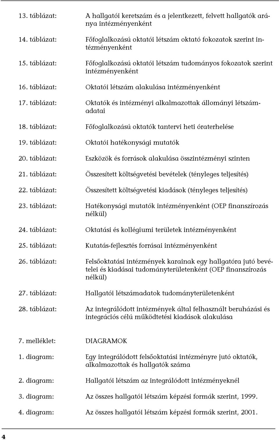 táblázat: Oktatók és intézményi alkalmazottak állományi létszámadatai 18. táblázat: Főfoglalkozású oktatók tantervi heti óraterhelése 19. táblázat: Oktatói hatékonysági mutatók 20.