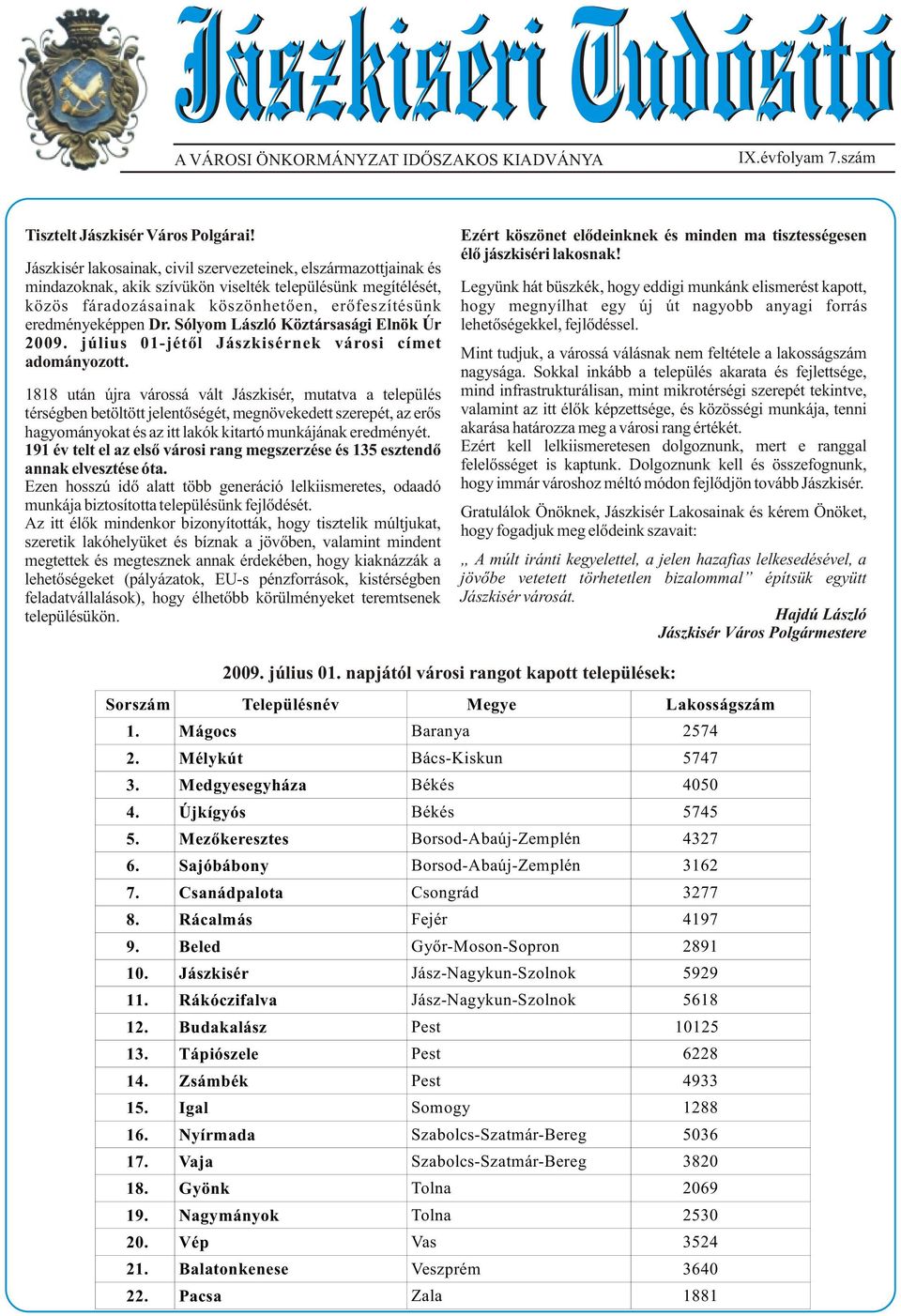 Sólyom László Köztársasági Elnök Úr 2009. július 01-jétõl Jászkisérnek városi címet adományozott.