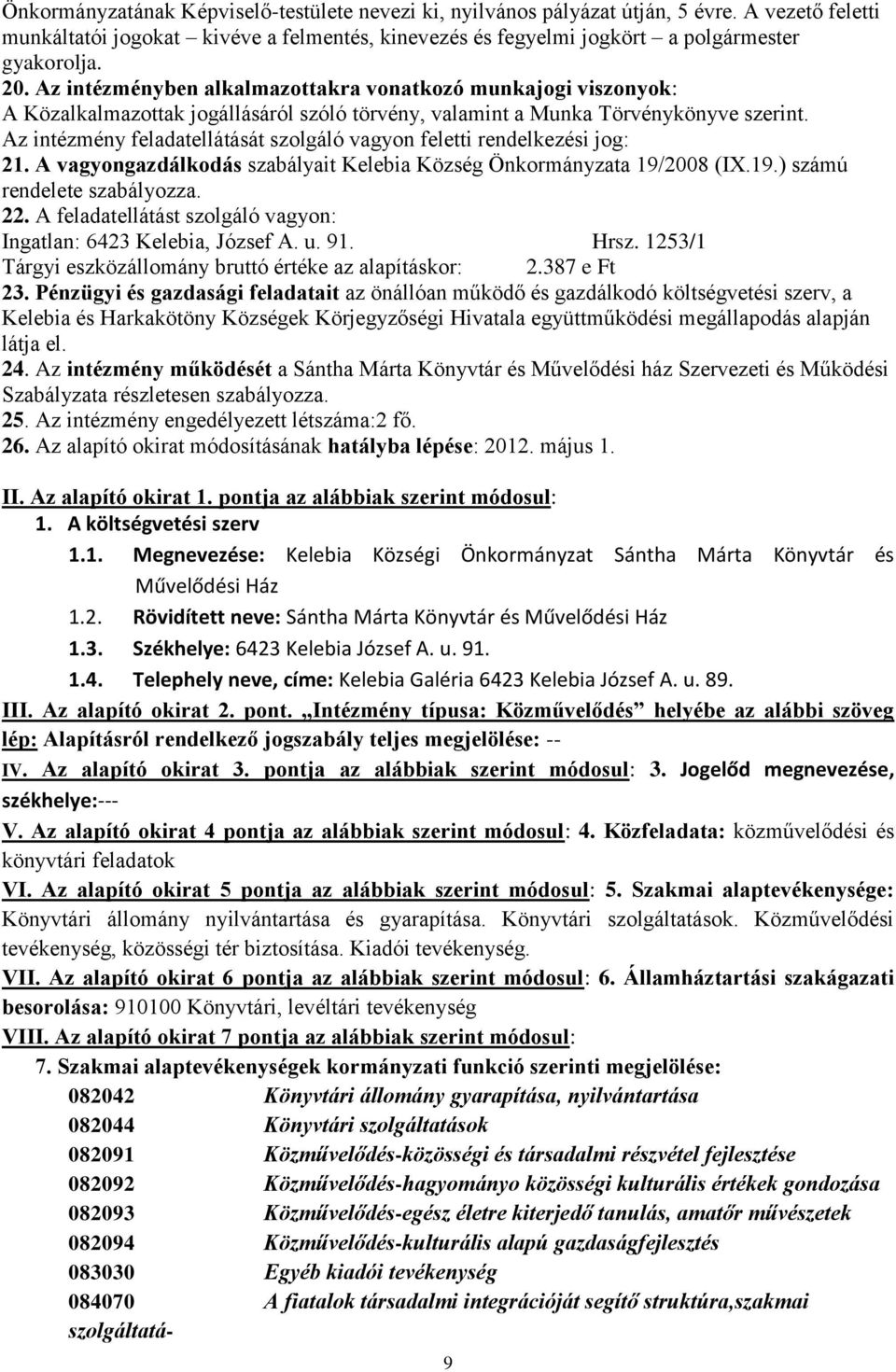 Az intézmény feladatellátását szolgáló vagyon feletti rendelkezési jog: 21. A vagyongazdálkodás szabályait Kelebia Község Önkormányzata 19/2008 (IX.19.) számú rendelete szabályozza. 22.