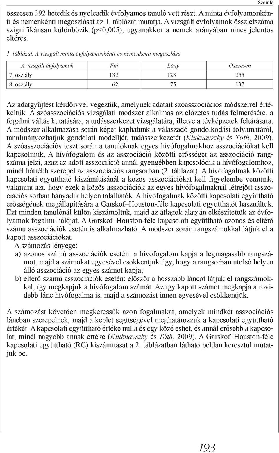 A vizsgált minta évfolyamonkénti és nemenkénti megoszlása A vizsgált évfolyamok Fiú Lány Összesen 7. osztály 132 123 255 8.