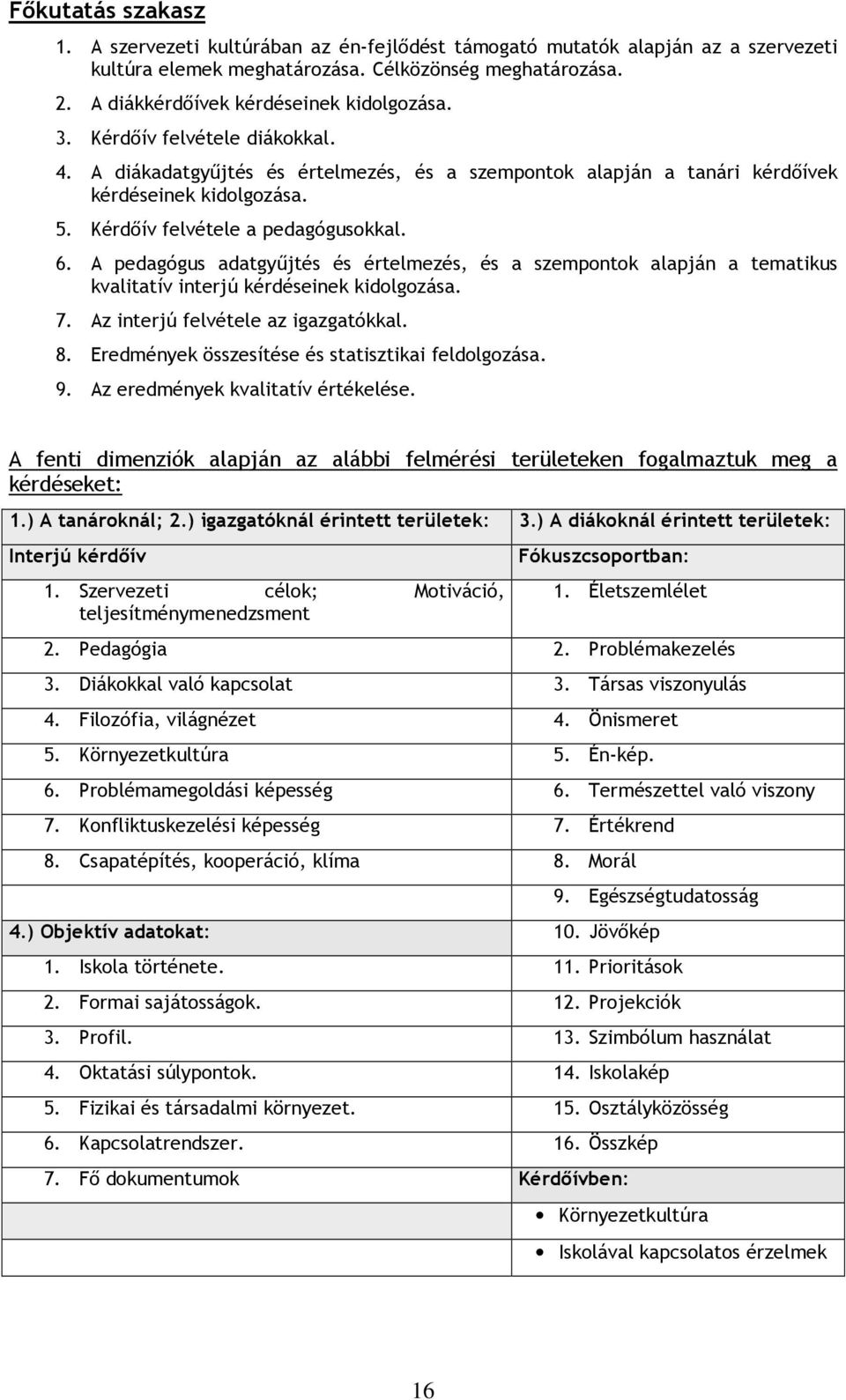 Kérdıív felvétele a pedagógusokkal. 6. A pedagógus adatgyőjtés és értelmezés, és a szempontok alapján a tematikus kvalitatív interjú kérdéseinek kidolgozása. 7. Az interjú felvétele az igazgatókkal.