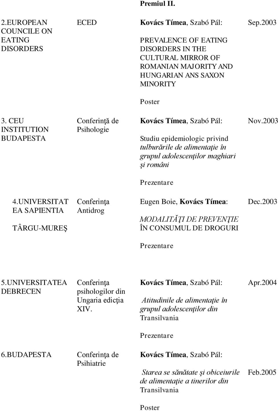 2003 4.UNIVERSITAT EA SAPIENTIA TÂRGU-MUREŞ Conferinţa Antidrog Eugen Boie, Kovács Tímea: MODALITĂŢI DE PREVENŢIE ÎN CONSUMUL DE DROGURI Dec.2003 5.