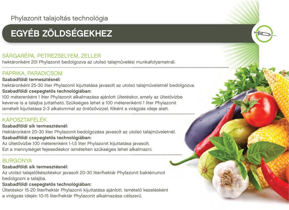 Szabadföldi csepegtetős technológiában: 100 méterenként 1 liter Phylazonit alkalmazása ajánlott ültetéskor, amely az ültetővízbe keverve is a talajba juttatható.