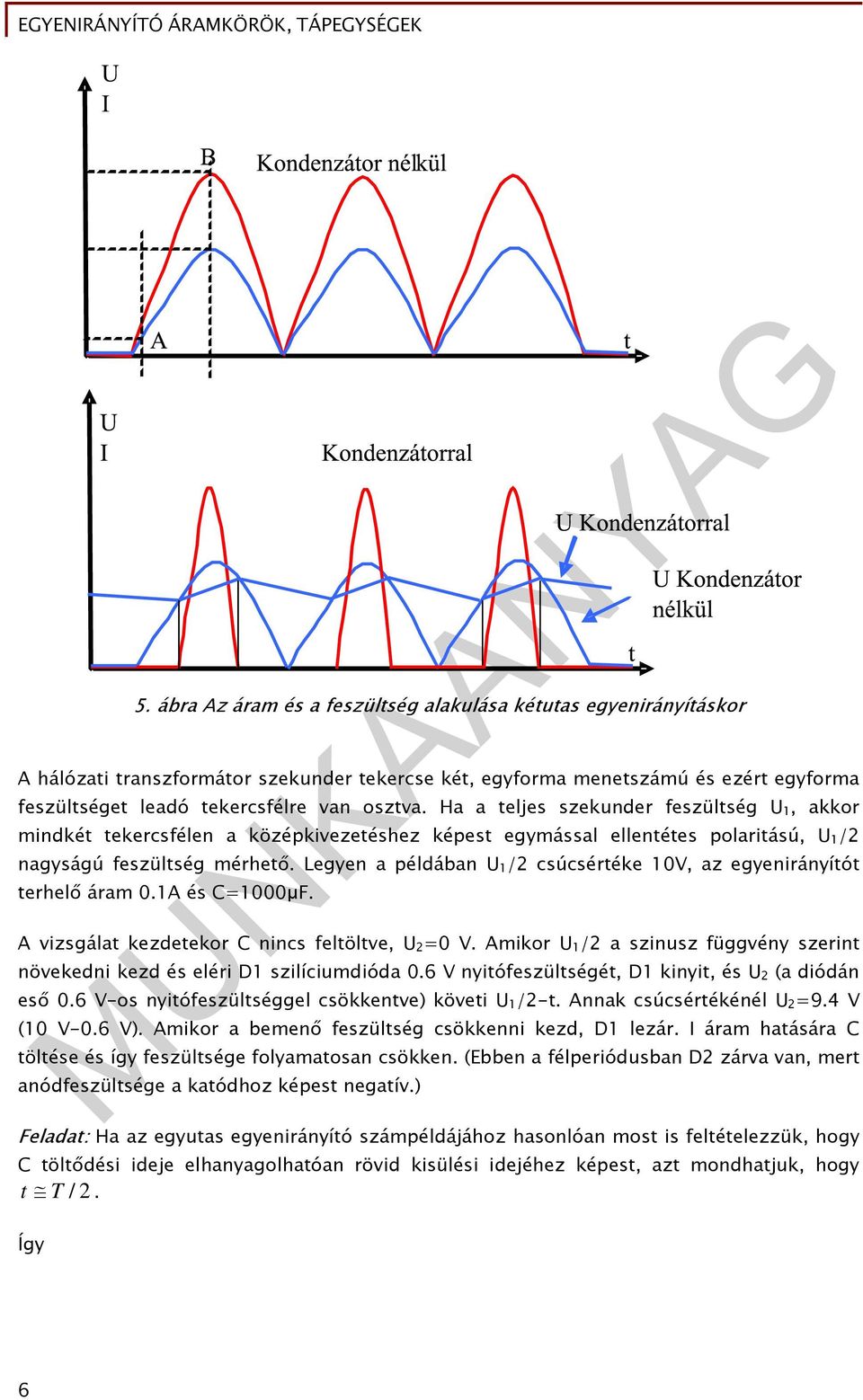 Legyen a példában 1 / csúcsértéke 10V, az egyenirányítót terhelő áram 0.1A és C=1000μF. A vizsgálat kezdetekor C nincs feltöltve, =0 V.