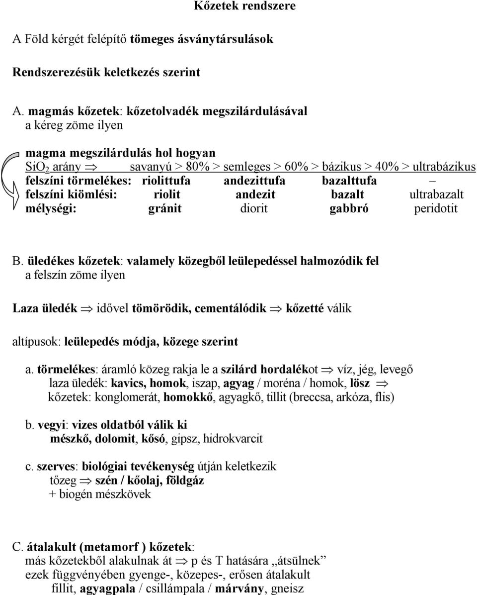 riolittufa andezittufa bazalttufa felszíni kiömlési: riolit andezit bazalt ultrabazalt mélységi: gránit diorit gabbró peridotit B.