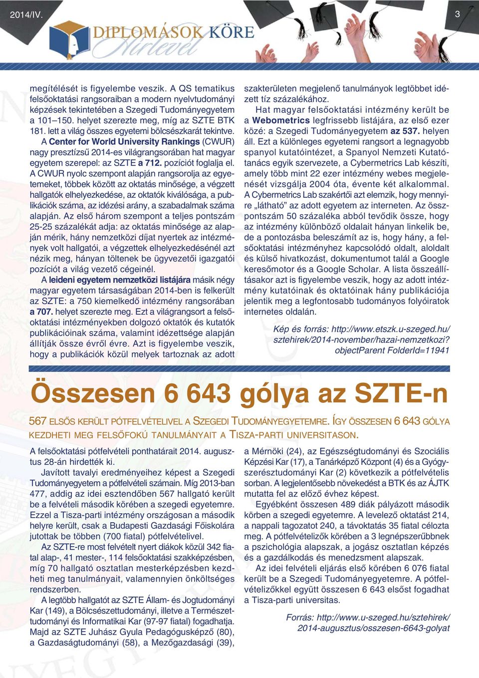 A Center for World University Rankings (CWUR) nagy presztízsû 2014-es világrangsorában hat magyar egyetem szerepel: az SZTE a 712. pozíciót foglalja el.