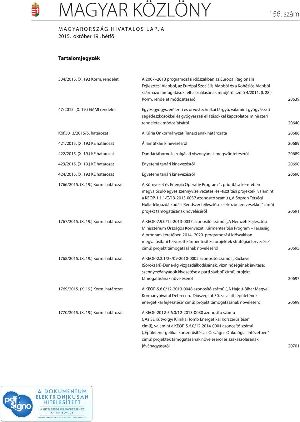 (I. 28.) Korm. rendelet módosításáról 20639 47/2015. (X. 19.