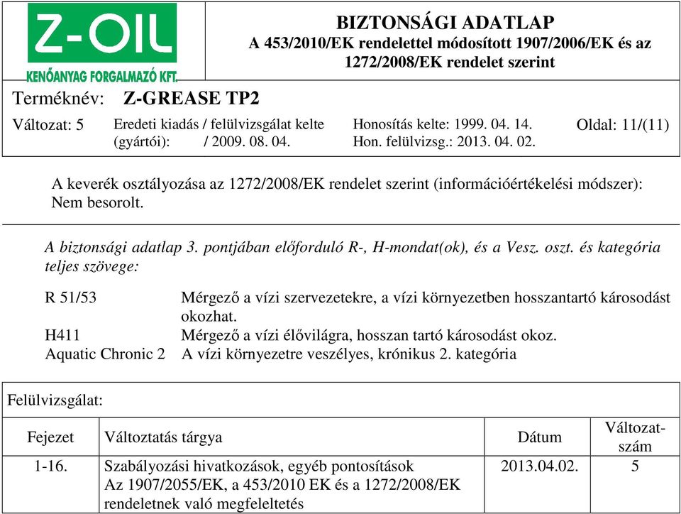 és kategória teljes szövege: R 51/53 Mérgező a vízi szervezetekre, a vízi környezetben hosszantartó károsodást okozhat.