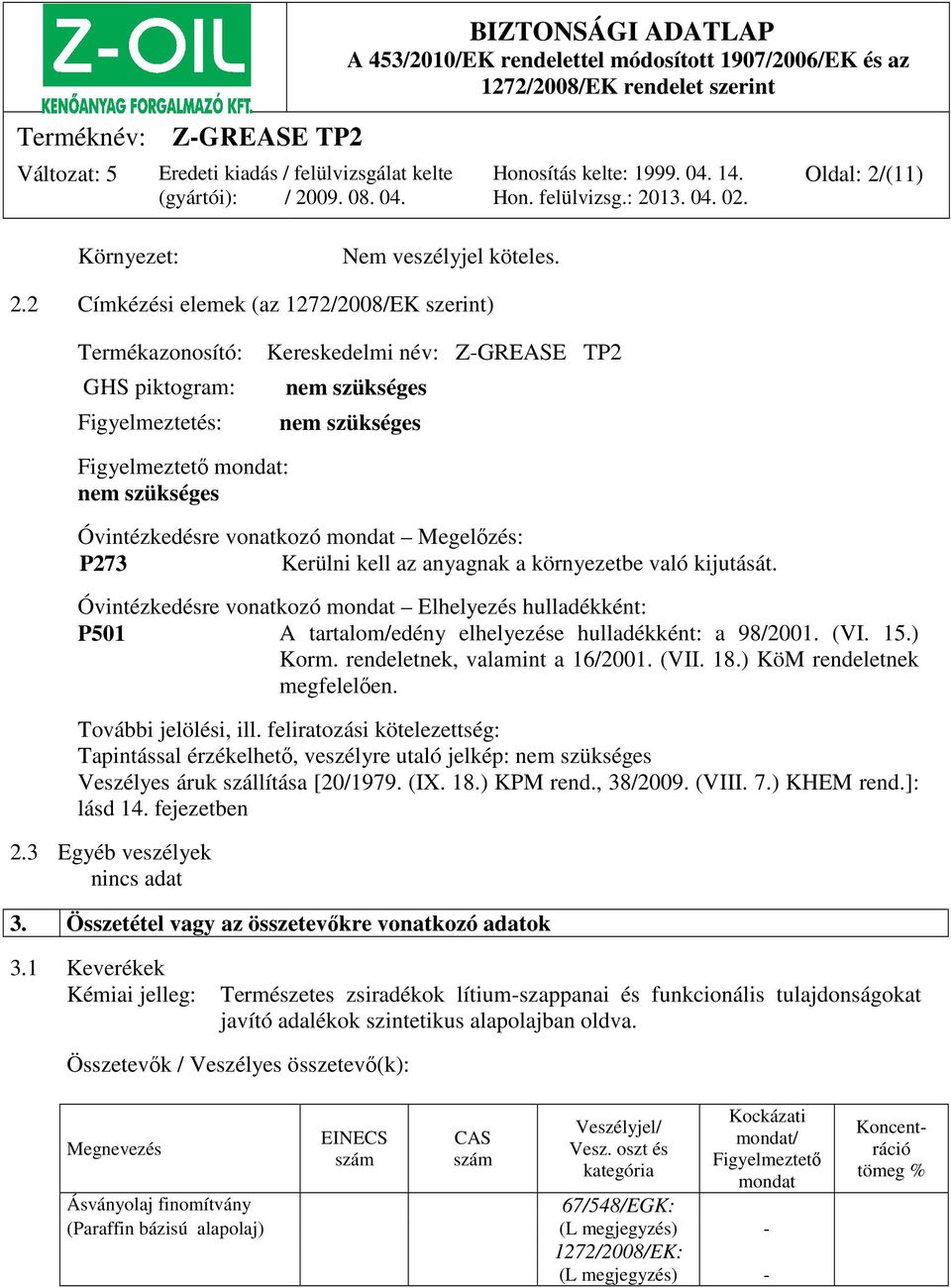 2 Címkézési elemek (az 1272/2008/EK szerint) Termékazonosító: GHS piktogram: Figyelmeztetés: Kereskedelmi név: Z-GREASE TP2 nem szükséges nem szükséges Figyelmeztető mondat: nem szükséges