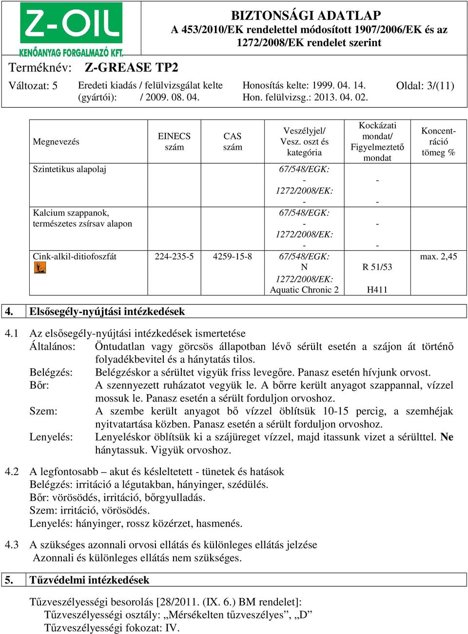 Cink-alkil-ditiofoszfát 224-235-5 4259-15-8 67/548/EGK: max. 2,45 N R 51/53 4. Elsősegély-nyújtási intézkedések 1272/2008/EK: Aquatic Chronic 2 4.