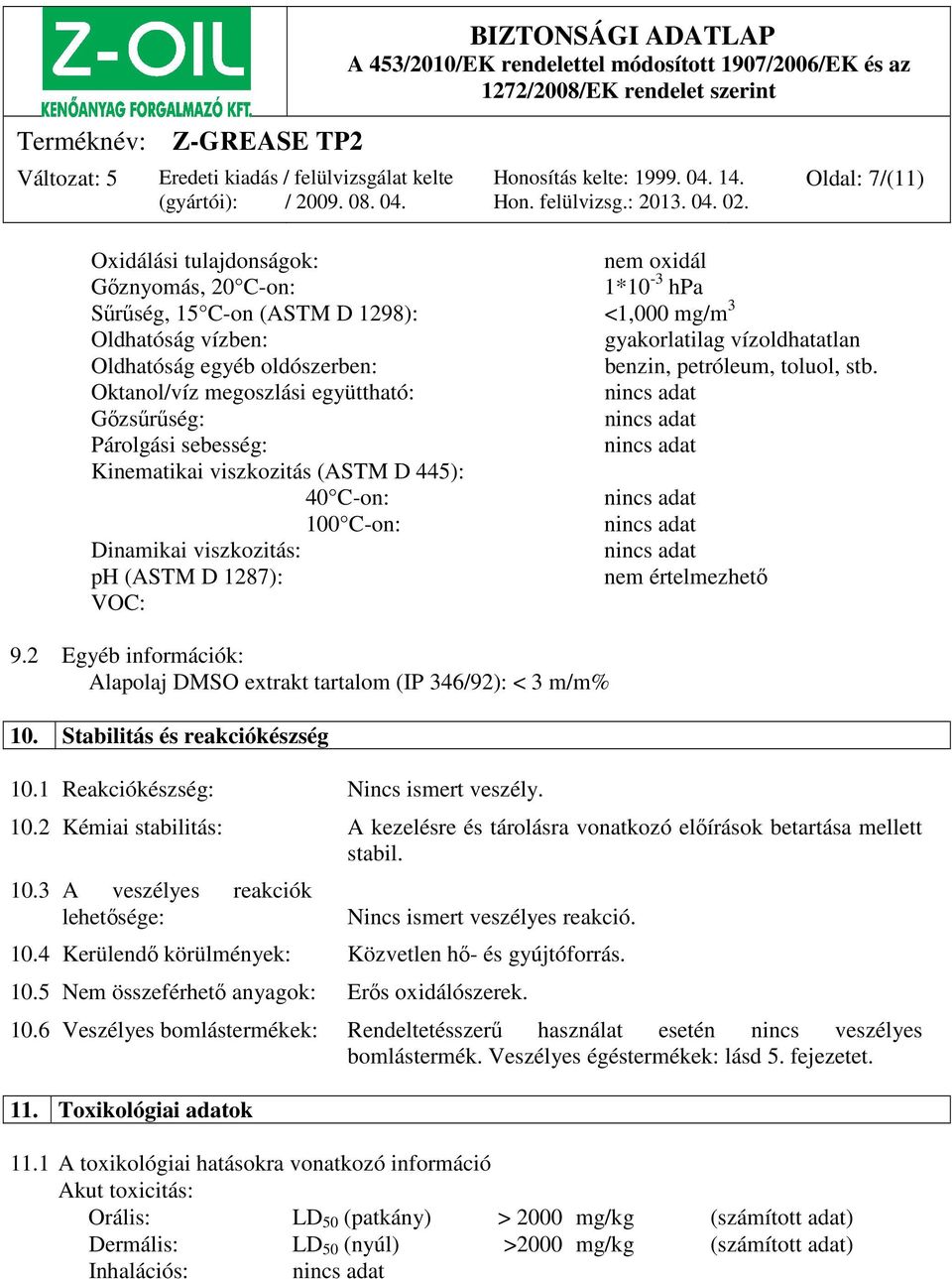 Oktanol/víz megoszlási együttható: Gőzsűrűség: Párolgási sebesség: Kinematikai viszkozitás (ASTM D 445): 40 C-on: 100 C-on: Dinamikai viszkozitás: ph (ASTM D 1287): nem értelmezhető VOC: 9.