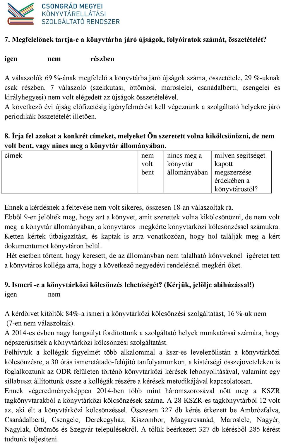 királyhegyesi) nem volt elégedett az újságok összetételével. A következő évi újság előfizetésig igényfelmérést kell végeznünk a szolgáltató helyekre járó periodikák összetételét illetően. 8.