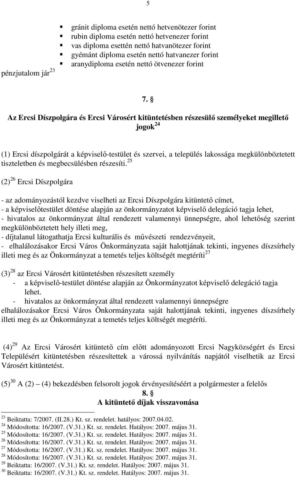 Az Ercsi Díszpolgára és Ercsi Városért kitüntetésben részesülő személyeket megillető jogok 24 (1) Ercsi díszpolgárát a képviselő-testület és szervei, a település lakossága megkülönböztetett