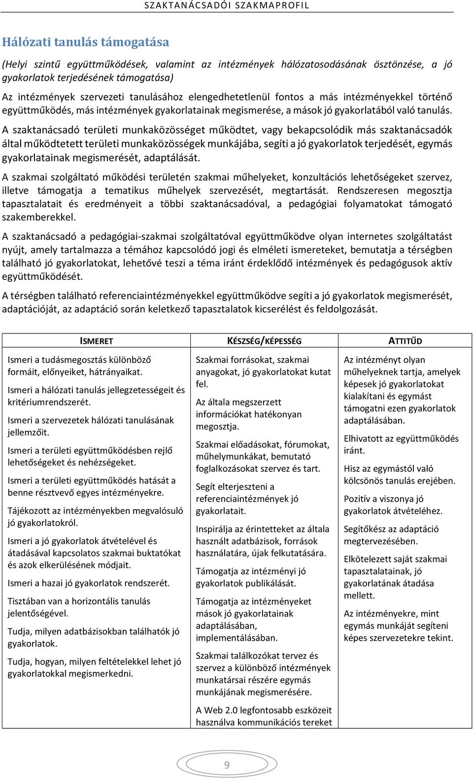 A szaktanácsadó területi munkaközösséget működtet, vagy bekapcsolódik más szaktanácsadók által működtetett területi munkaközösségek munkájába, segíti a jó gyakorlatok terjedését, egymás