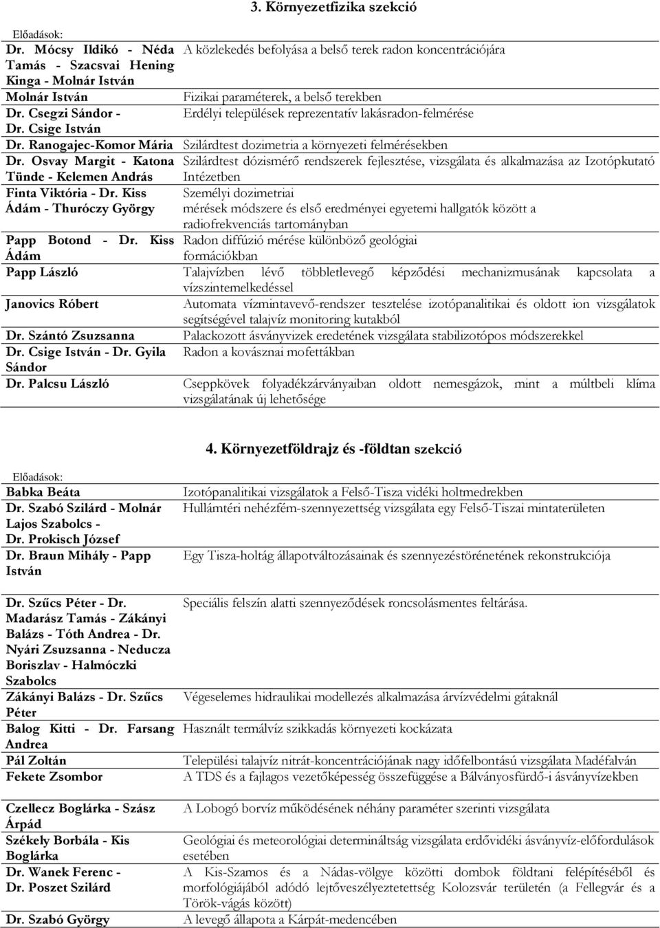 Csegzi Sándor - Erdélyi települések reprezentatív lakásradon-felmérése Dr. Csige István Dr. Ranogajec-Komor Mária Szilárdtest dozimetria a környezeti felmérésekben Dr.