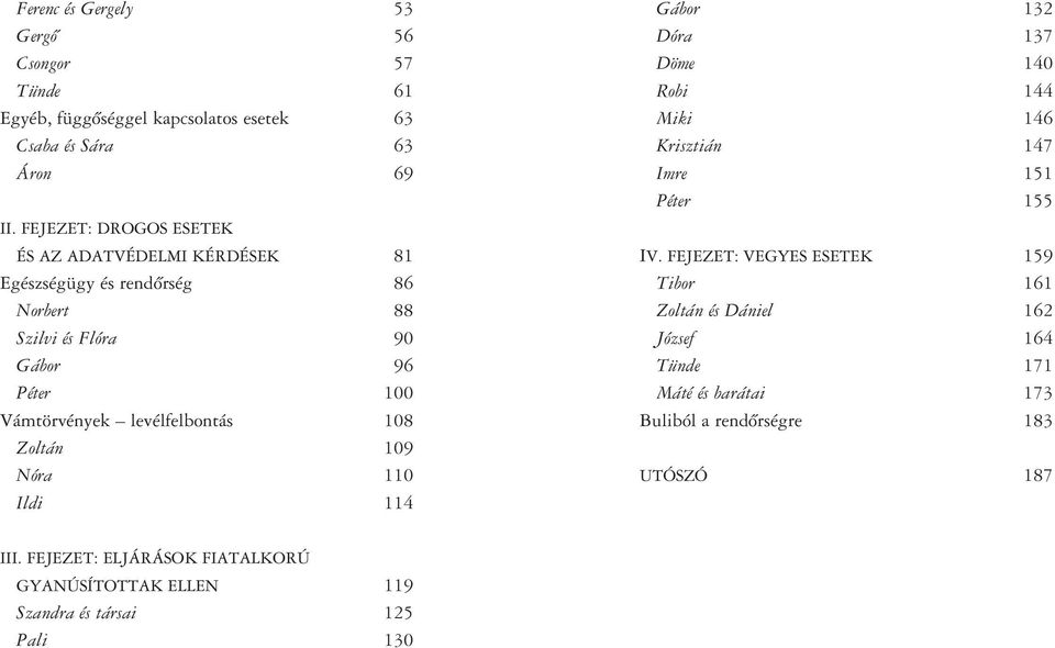 levélfelbontás 108 Zoltán 109 Nóra 110 Ildi 114 Gábor 132 Dóra 137 Döme 140 Robi 144 Miki 146 Krisztián 147 Imre 151 Péter 155 IV.