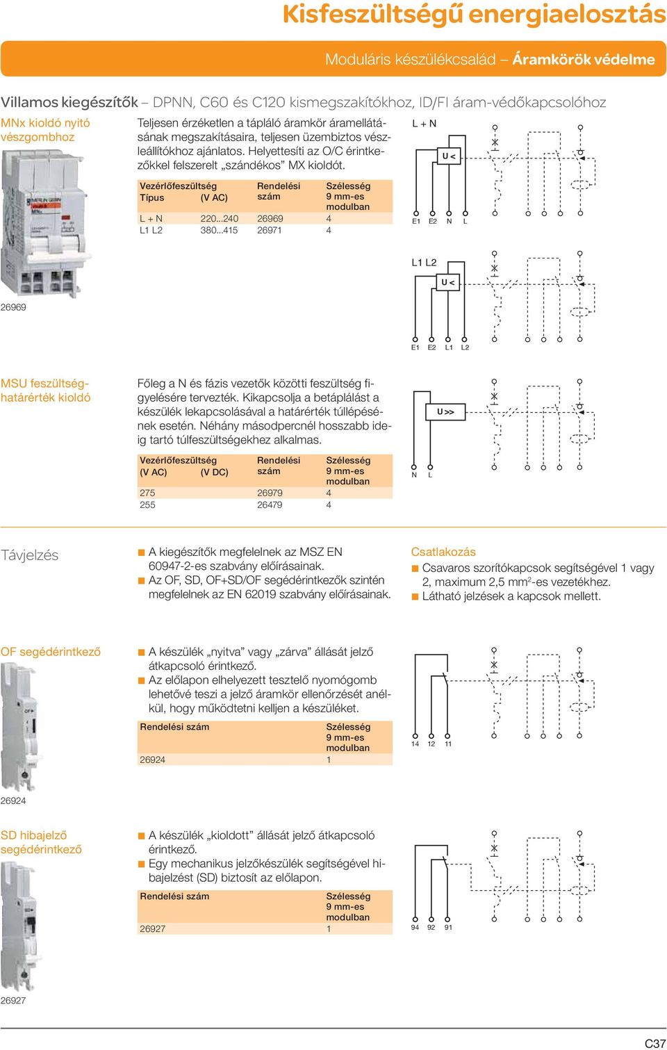 ..240 26969 4 L1 L2 380...415 26971 4 Szélesség 9 mm-es 26969 MSU feszültséghatárérték kioldó Főleg a N és fázis vezetők közötti feszültség figyelésére tervezték.