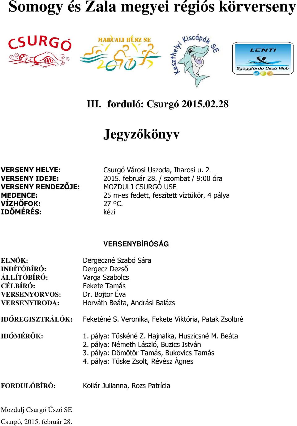 IDŐMÉRÉS: kézi VERSENYBÍRÓSÁG ELNÖK: INDÍTÓBÍRÓ: ÁLLÍTÓBÍRÓ: CÉLBÍRÓ: VERSENYORVOS: VERSENYIRODA: IDŐREGISZTRÁLÓK: IDŐMÉRŐK: Dergeczné Szabó Sára Dergecz Dezső Varga Szabolcs Fekete Tamás Dr.