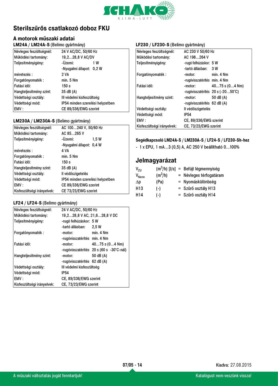 5 Nm Futási idő: 150 s Hangteljesítmény szint: 35 db (A) Védettségi osztály: III védelmi kisfeszültség Védettségi mód: IP54 minden szerelési helyzetben EMV : CE 89/336/EWG szerint LM230A / LM230A-S