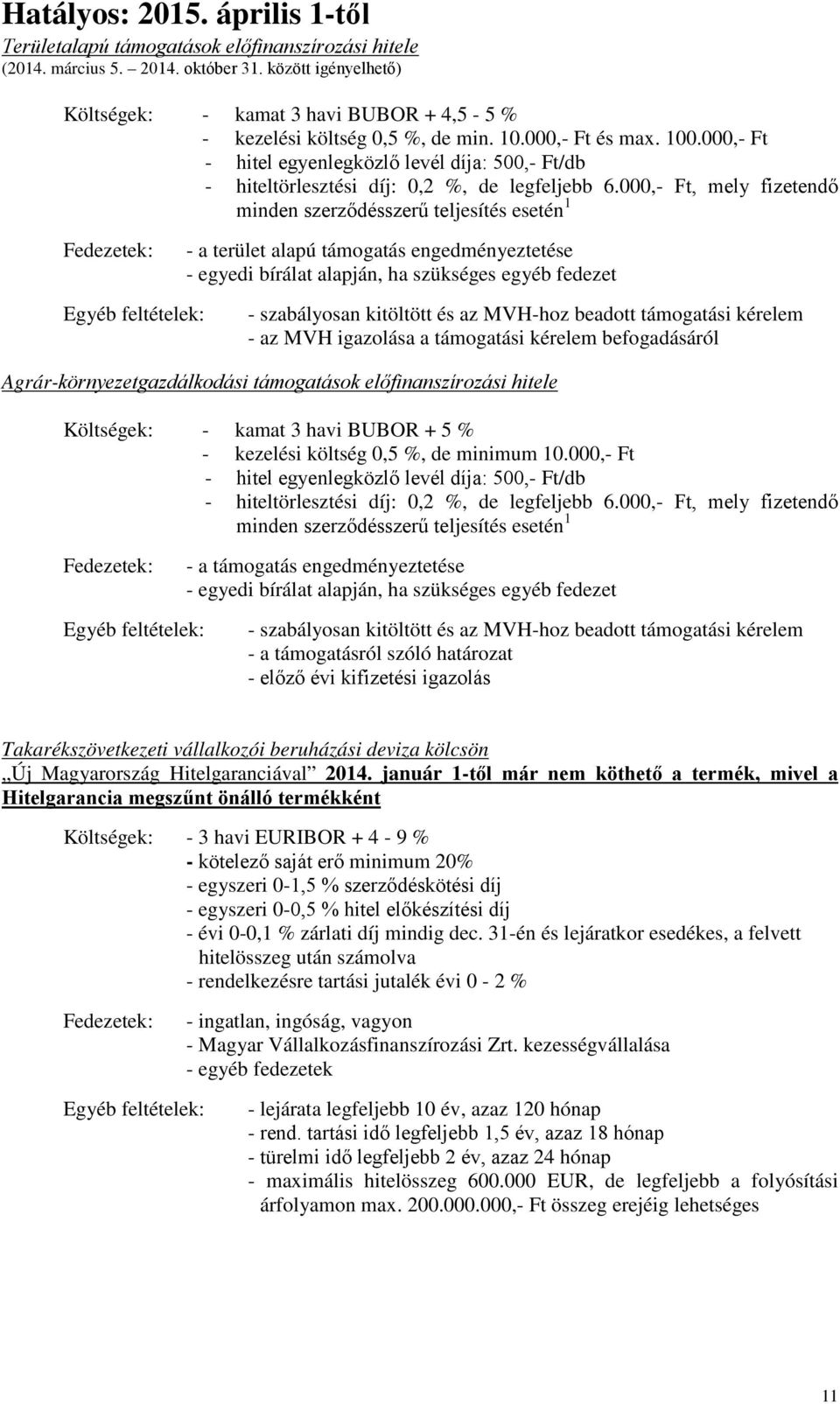 támogatási kérelem befogadásáról Agrár-környezetgazdálkodási támogatások előfinanszírozási hitele - kamat 3 havi BUBOR + 5 % - kezelési költség 0,5 %, de minimum 10.