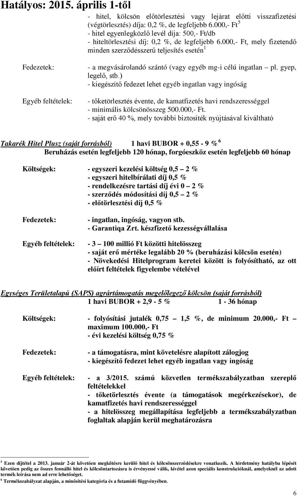 - saját erő 40 %, mely további biztosíték nyújtásával kiváltható Takarék Hitel Plusz (saját forrásból) 1 havi BUBOR + 0,55-9 % 6 Beruházás esetén legfeljebb 120 hónap, forgóeszköz esetén legfeljebb