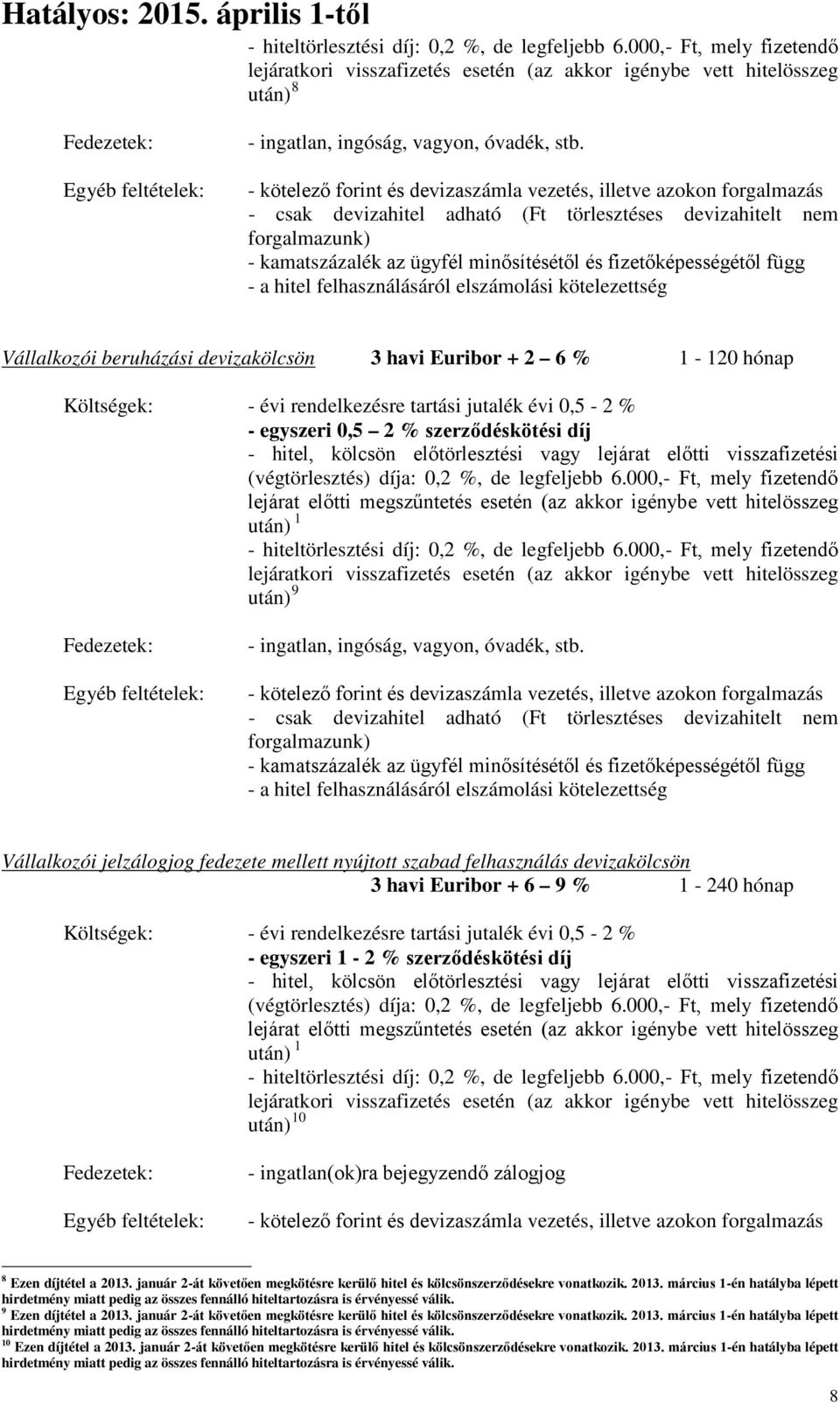 Vállalkozói beruházási devizakölcsön 3 havi Euribor + 2 6 % 1-120 hónap - évi rendelkezésre tartási jutalék évi 0,5-2 % - egyszeri 0,5 2 % szerződéskötési díj után) 9 - ingatlan, ingóság, vagyon,