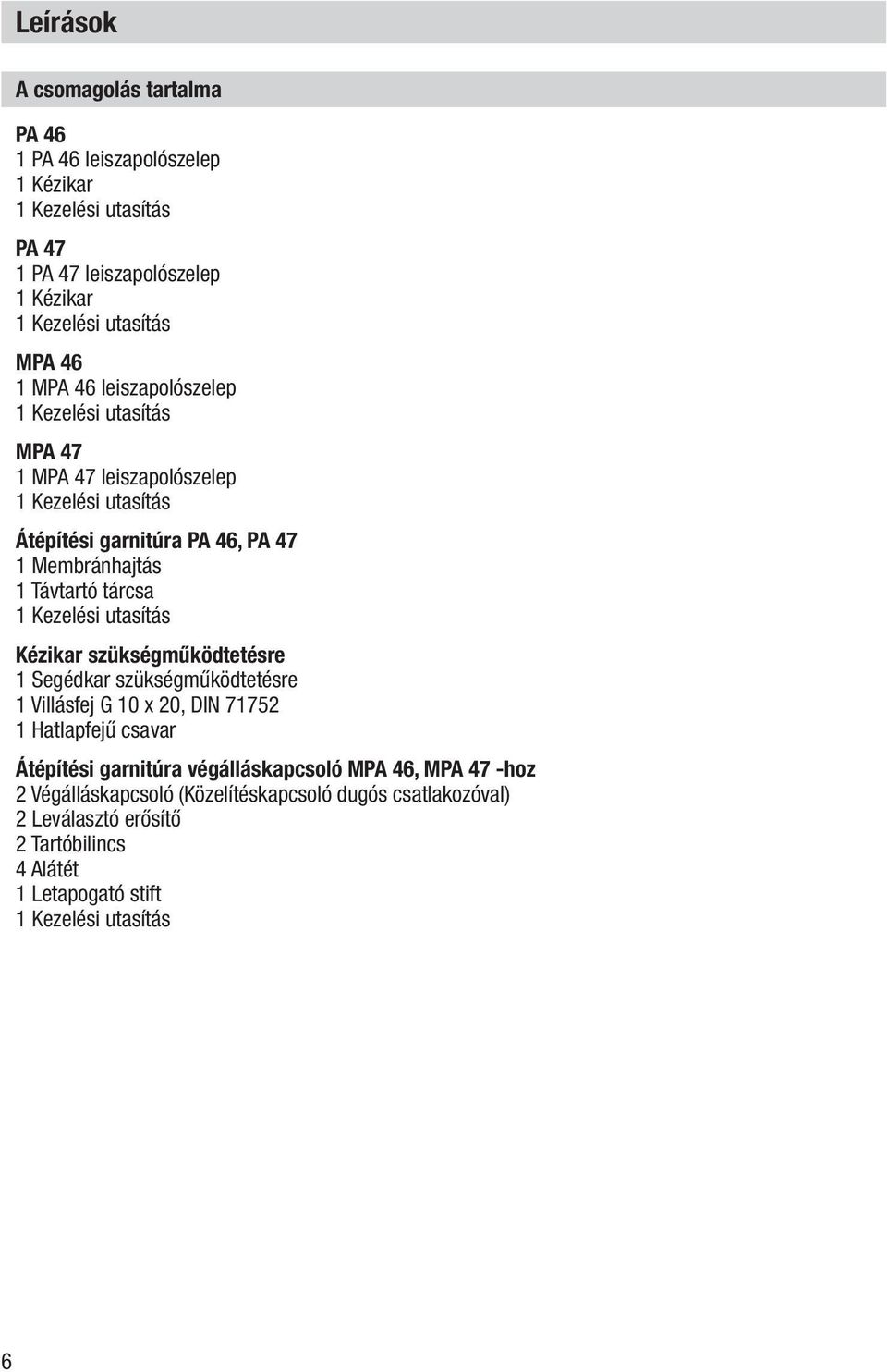 1 Kezelési utasítás Kézikar szükségműködtetésre 1 Segédkar szükségműködtetésre 1 Villásfej G 10 x 20, DIN 71752 1 Hatlapfejű csavar Átépítési garnitúra