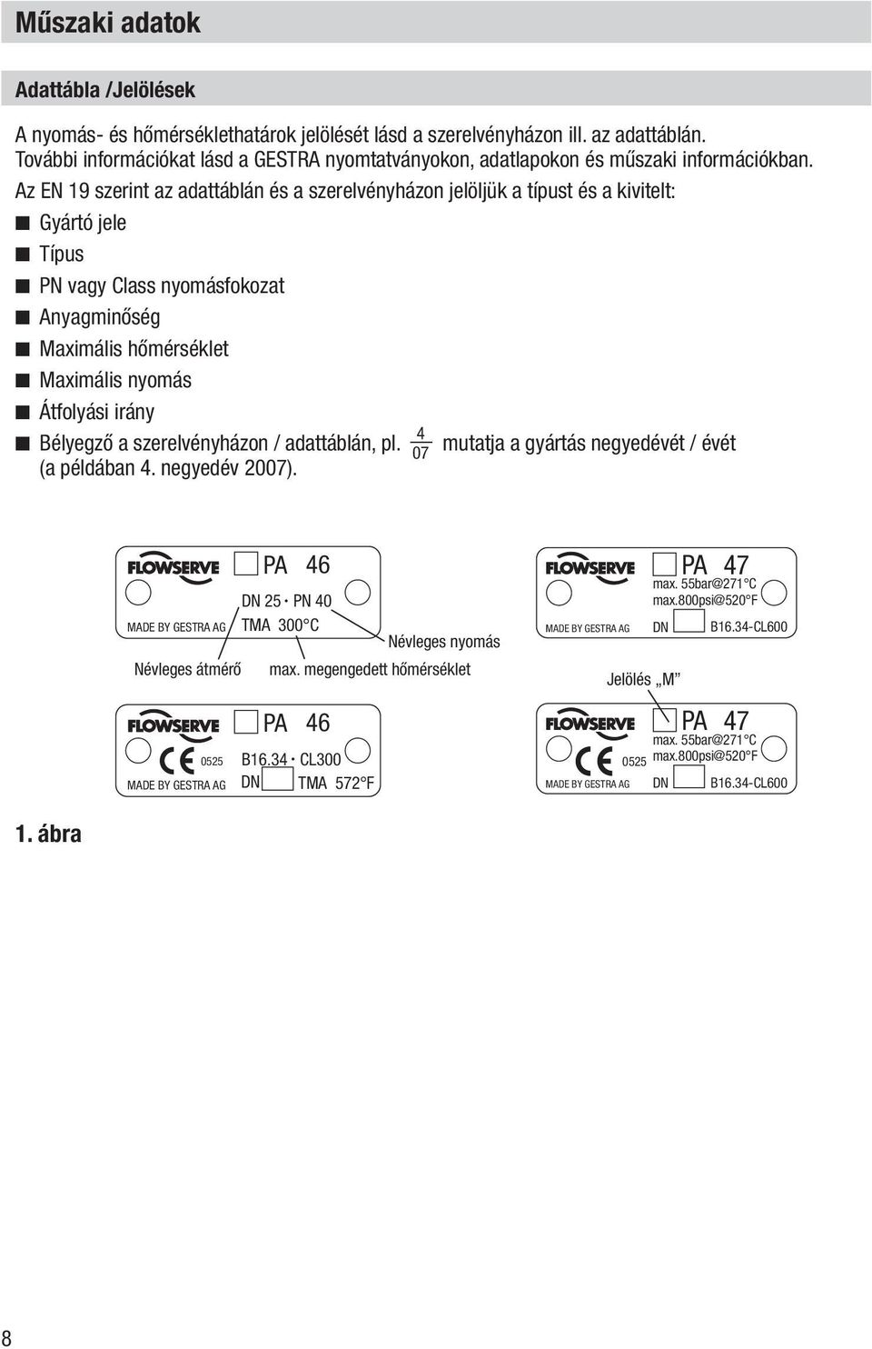 Az EN 19 szerint az adattáblán és a szerelvényházon jelöljük a típust és a kivitelt: Gyártó jele Típus PN vagy Class nyomásfokozat Anyagminőség Maximális hőmérséklet Maximális nyomás Átfolyási irány