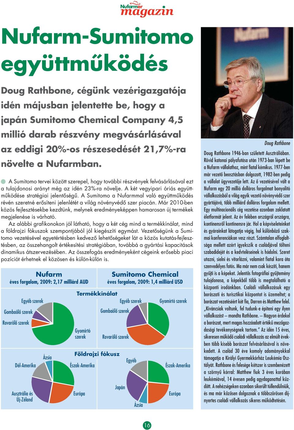 A két vegyipari óriás együtt - mûködése stratégiai jelentôségû. A Sumitomo a Nufarmmal való együtt mû ködés révén szeretné erôsíteni jelenlétét a világ növényvédô szer piacán.