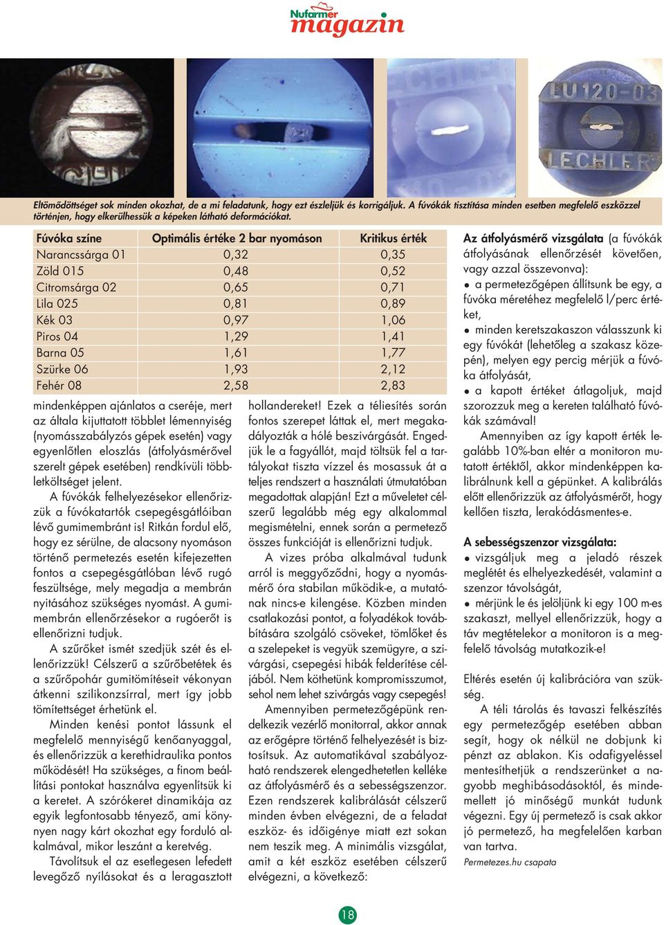 Fúvóka színe Optimális értéke 2 bar nyomáson Kritikus érték Narancssárga 01 0,32 0,35 Zöld 015 0,48 0,52 Citromsárga 02 0,65 0,71 Lila 025 0,81 0,89 Kék 03 0,97 1,06 Piros 04 1,29 1,41 Barna 05 1,61