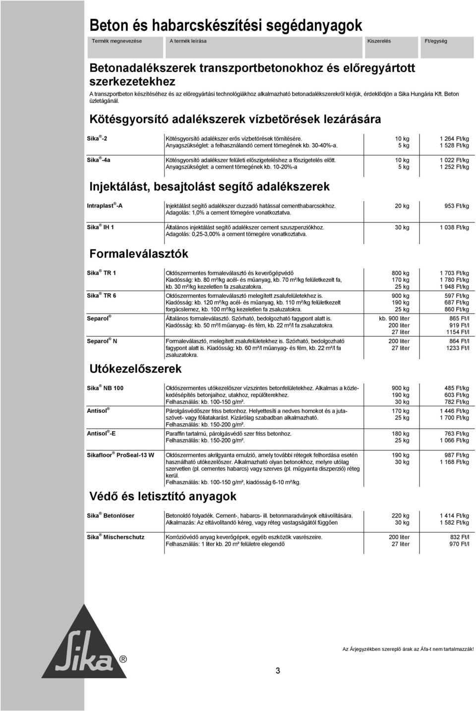 Anyagszükséglet: a felhasználandó cement tömegének kb. 30-40%-a. 5 kg 1 264 Ft/kg 1 528 Ft/kg Sika -4a Kötésgyorsító adalékszer felületi előszigeteléshez a főszigetelés előtt.