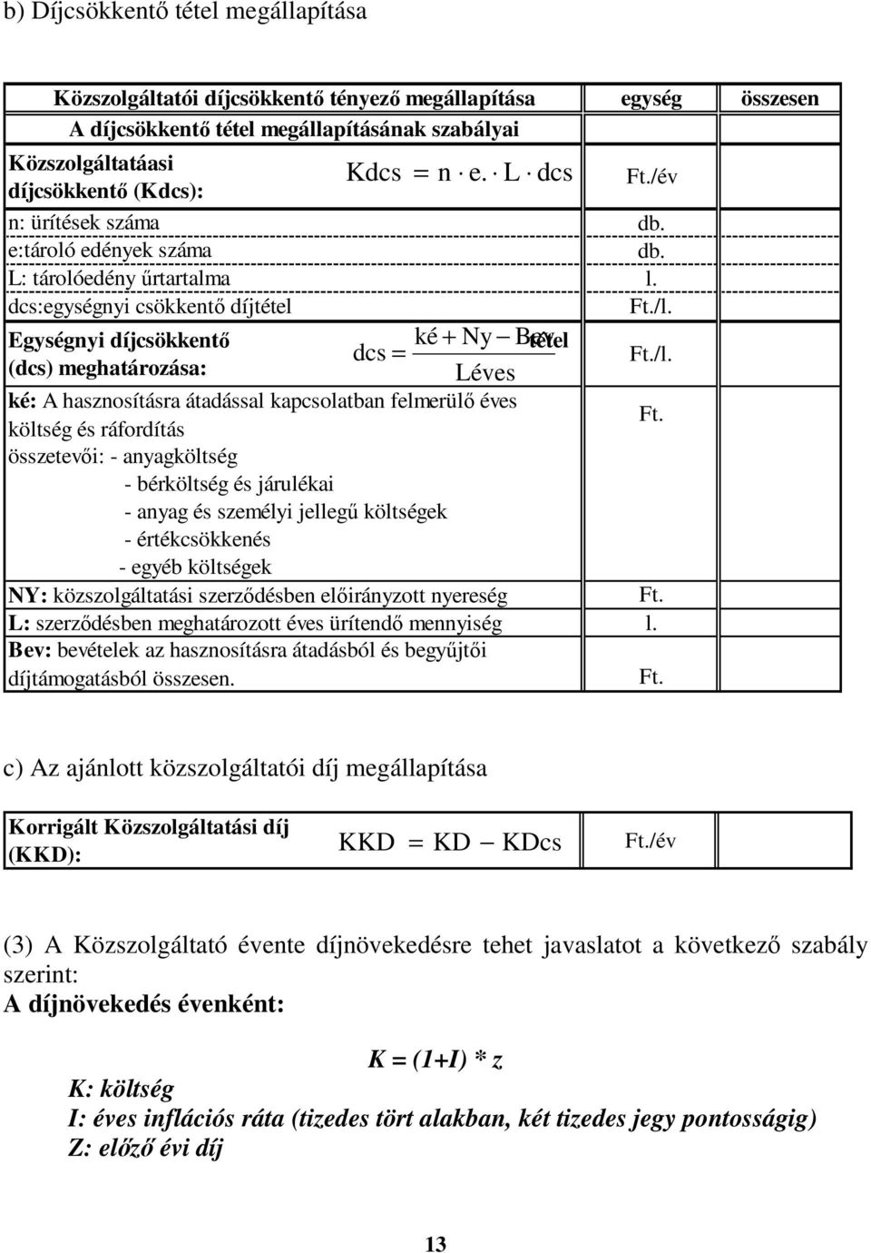 Egységnyi díjcsökkentő ké + Ny Bev tétel dcs = (dcs) meghatározása: Léves Ft./l. ké: A hasznosításra átadással kapcsolatban felmerülő éves költség és ráfordítás Ft.