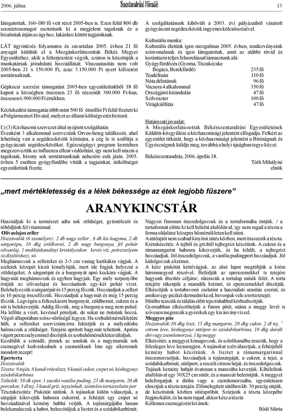 Kulturális munka: LÁT ügyintézés folyamatos és zavartalan 2005. évben 21 fő Kulturális életünk igen mozgalmas 2005.