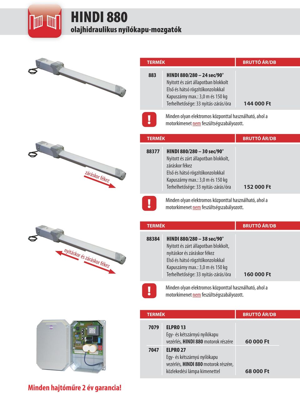 záráskor fékez 88377 HINDI 880/280 30 sec/90 Nyitott és zárt állapotban blokkolt, záráskor fékez Kapuszárny max.
