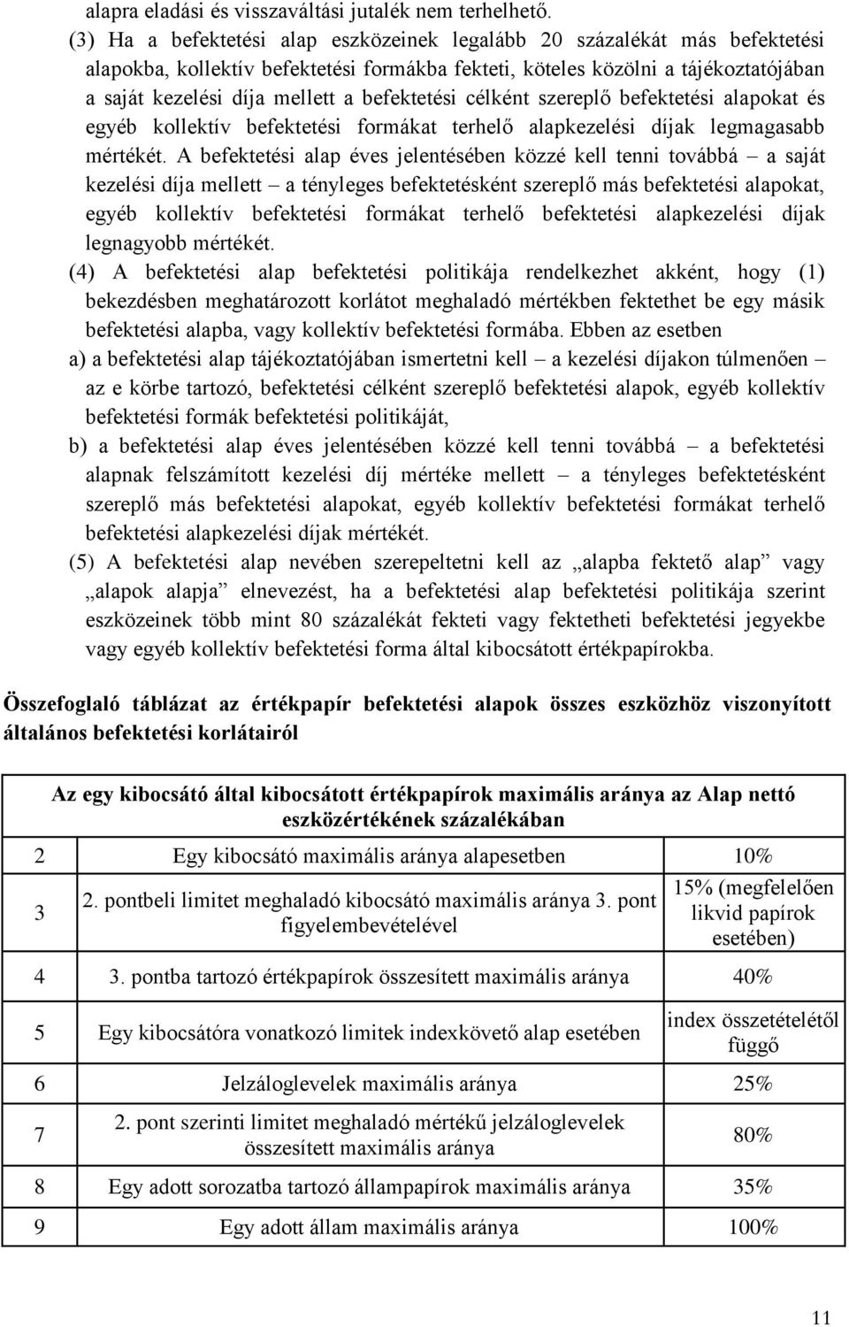 befektetési célként szereplő befektetési alapokat és egyéb kollektív befektetési formákat terhelő alapkezelési díjak legmagasabb mértékét.