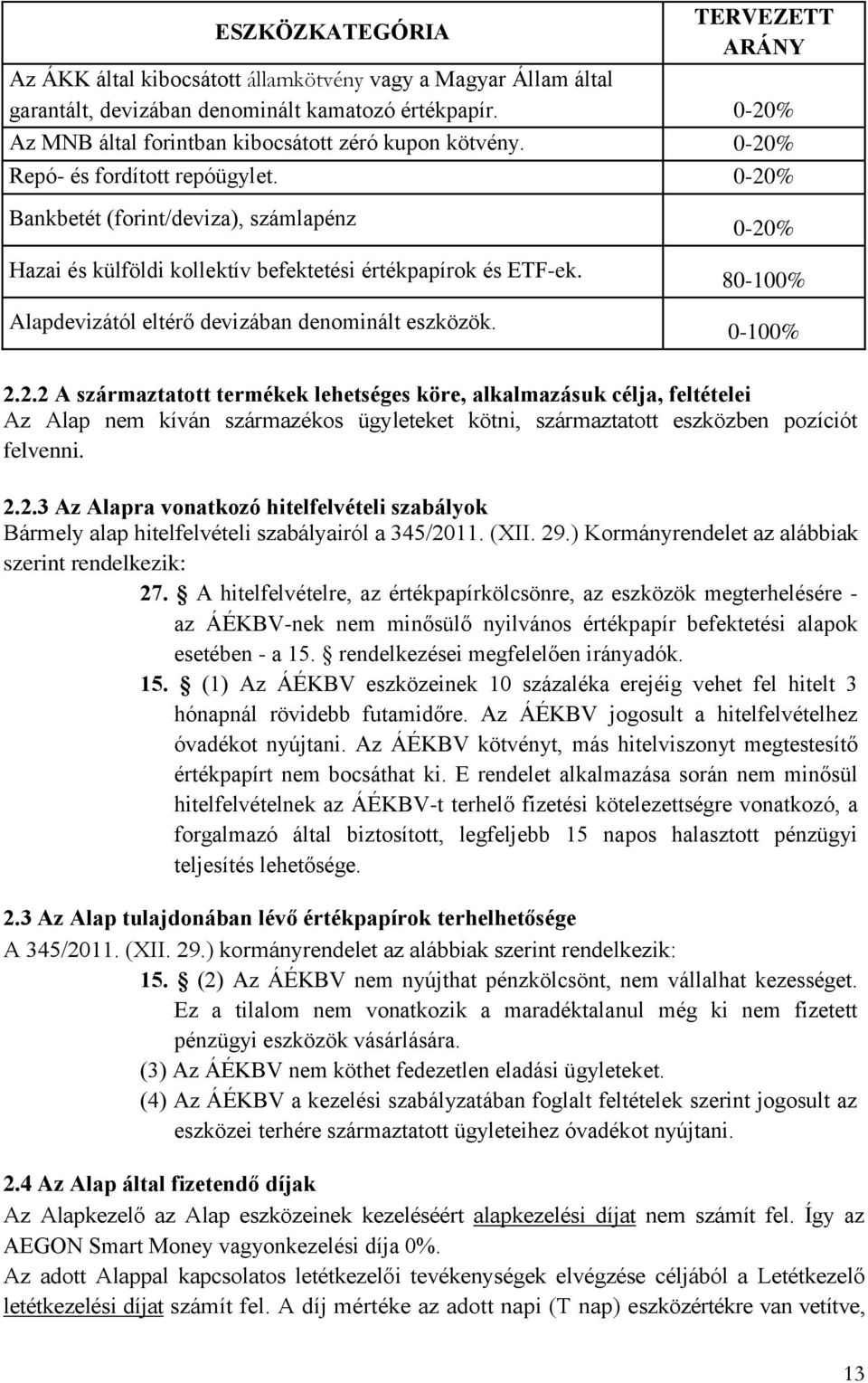 0-20% Bankbetét (forint/deviza), számlapénz Hazai és külföldi kollektív befektetési értékpapírok és ETF-ek. Alapdevizától eltérő devizában denominált eszközök. 0-20% 80-100% 0-100% 2.2.2 A származtatott termékek lehetséges köre, alkalmazásuk célja, feltételei Az Alap nem kíván származékos ügyleteket kötni, származtatott eszközben pozíciót felvenni.