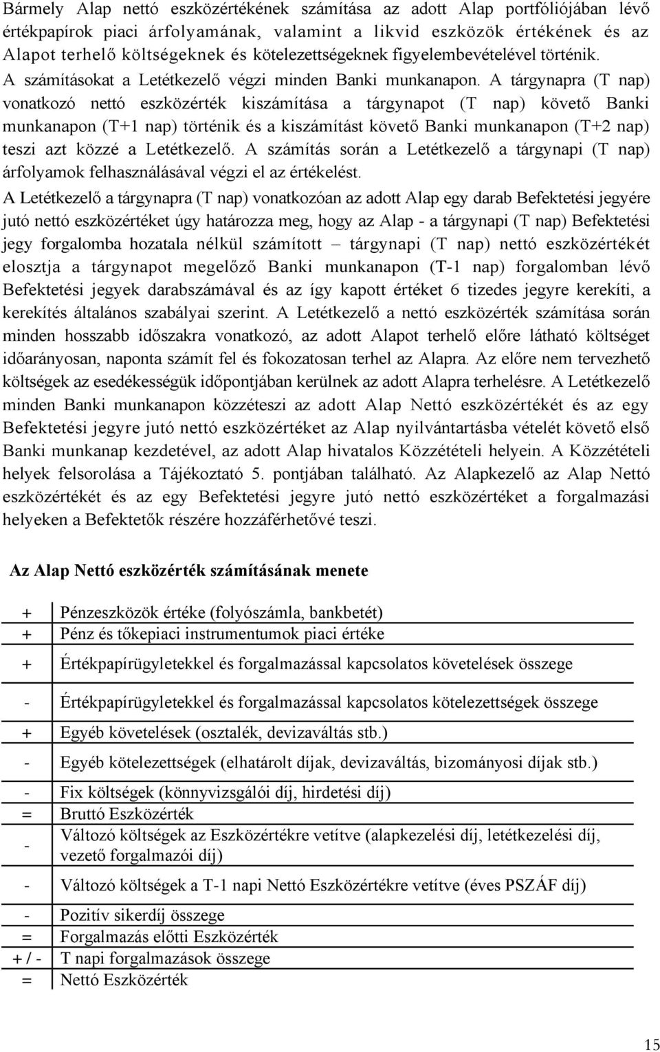 A tárgynapra (T nap) vonatkozó nettó eszközérték kiszámítása a tárgynapot (T nap) követő Banki munkanapon (T+1 nap) történik és a kiszámítást követő Banki munkanapon (T+2 nap) teszi azt közzé a