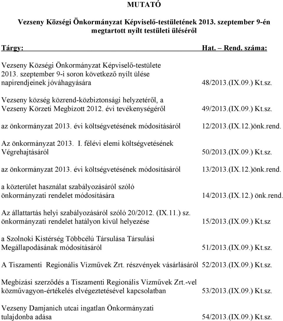 évi költségvetésének módosításáról Az önkormányzat 2013. I. félévi elemi költségvetésének Végrehajtásáról az önkormányzat 2013.