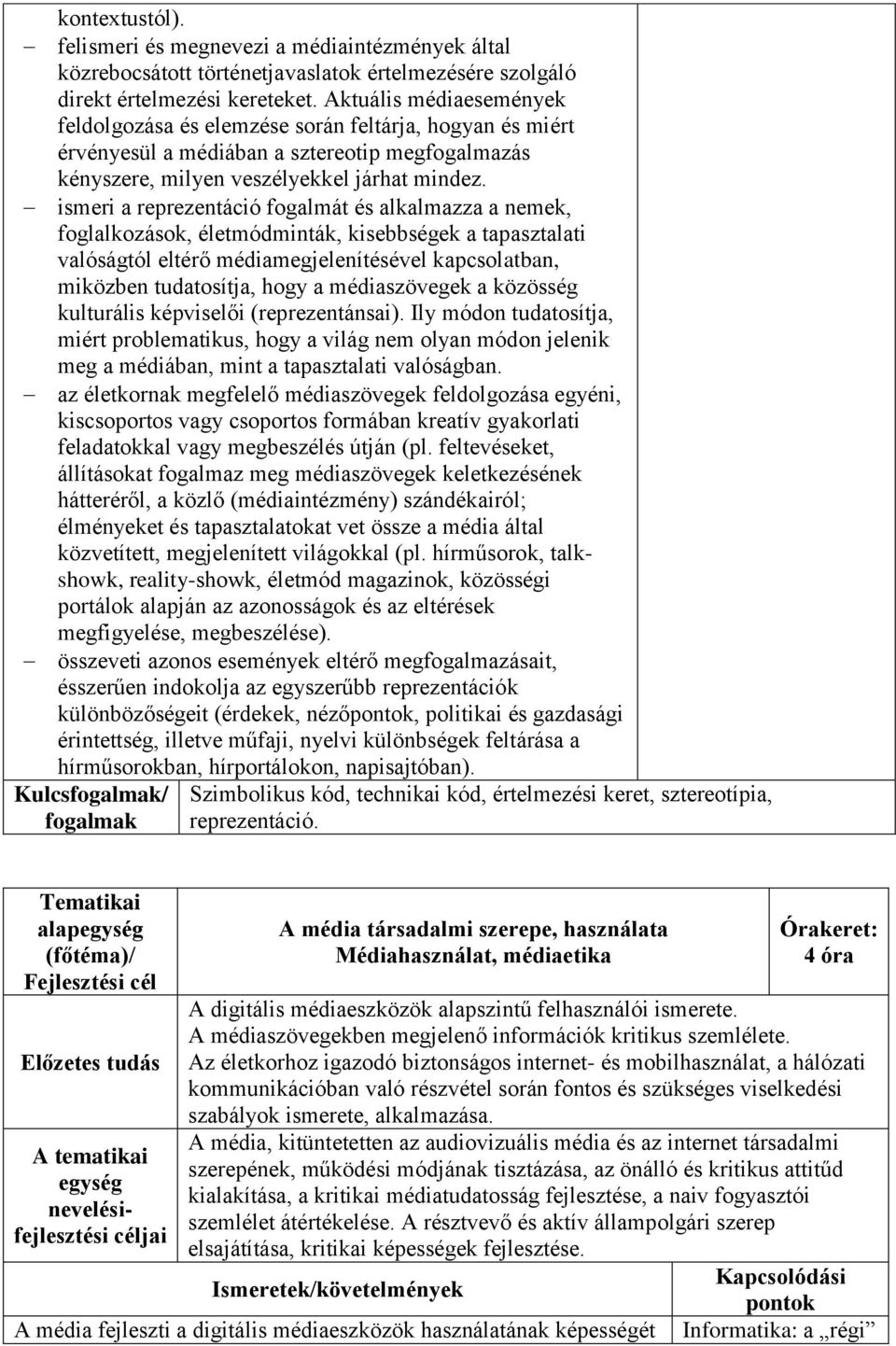 ismeri a reprezentáció fogalmát és alkalmazza a nemek, foglalkozások, életmódminták, kisebbségek a tapasztalati valóságtól eltérő médiamegjelenítésével kapcsolatban, miközben tudatosítja, hogy a