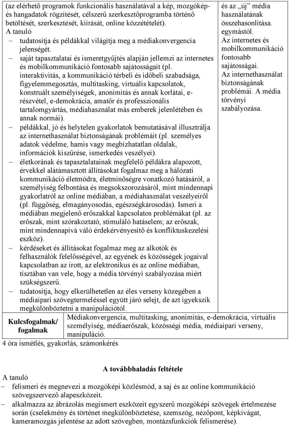 interaktivitás, a kommunikáció térbeli és időbeli szabadsága, figyelemmegosztás, multitasking, virtuális kapcsolatok, konstruált személyiségek, anonimitás és annak korlátai, e- részvétel,