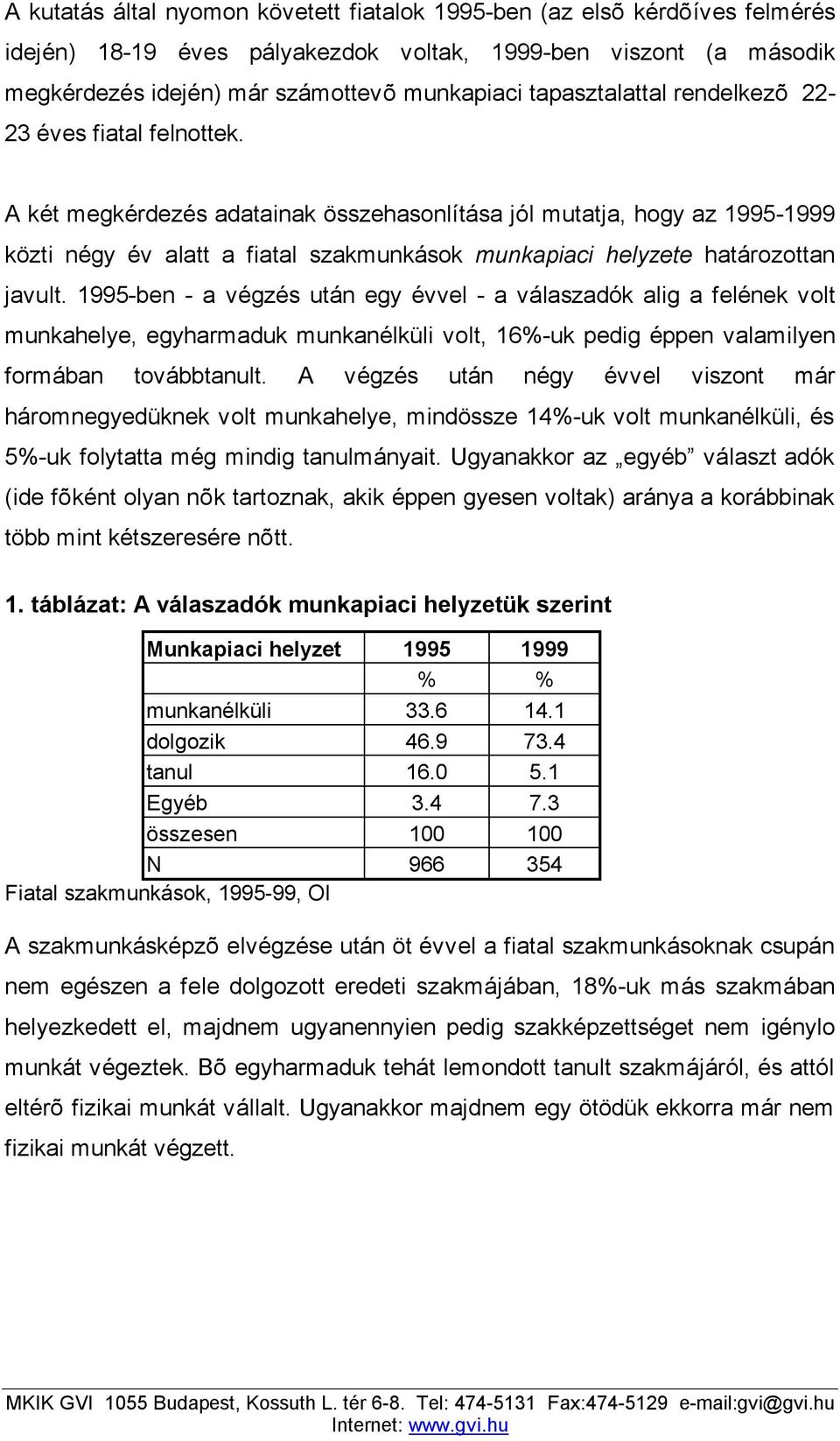 A két megkérdezés adatainak összehasonlítása jól mutatja, hogy az 1995-1999 közti négy év alatt a fiatal szakmunkások munkapiaci helyzete határozottan javult.