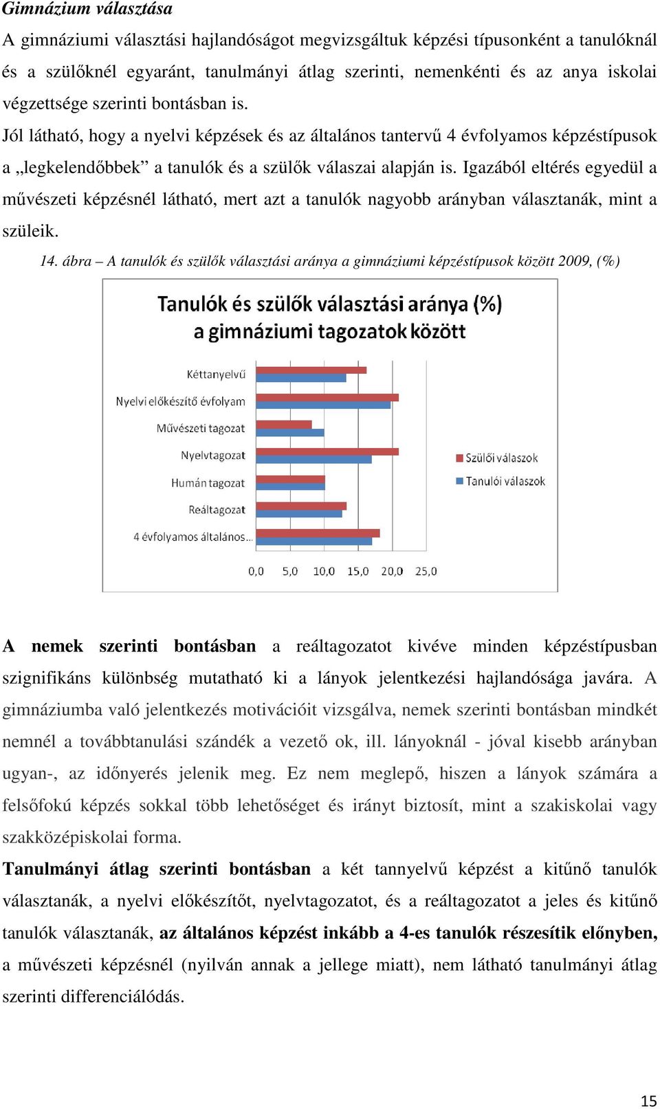 Igazából eltérés egyedül a művészeti képzésnél látható, mert azt a tanulók nagyobb arányban választanák, mint a szüleik. 14.