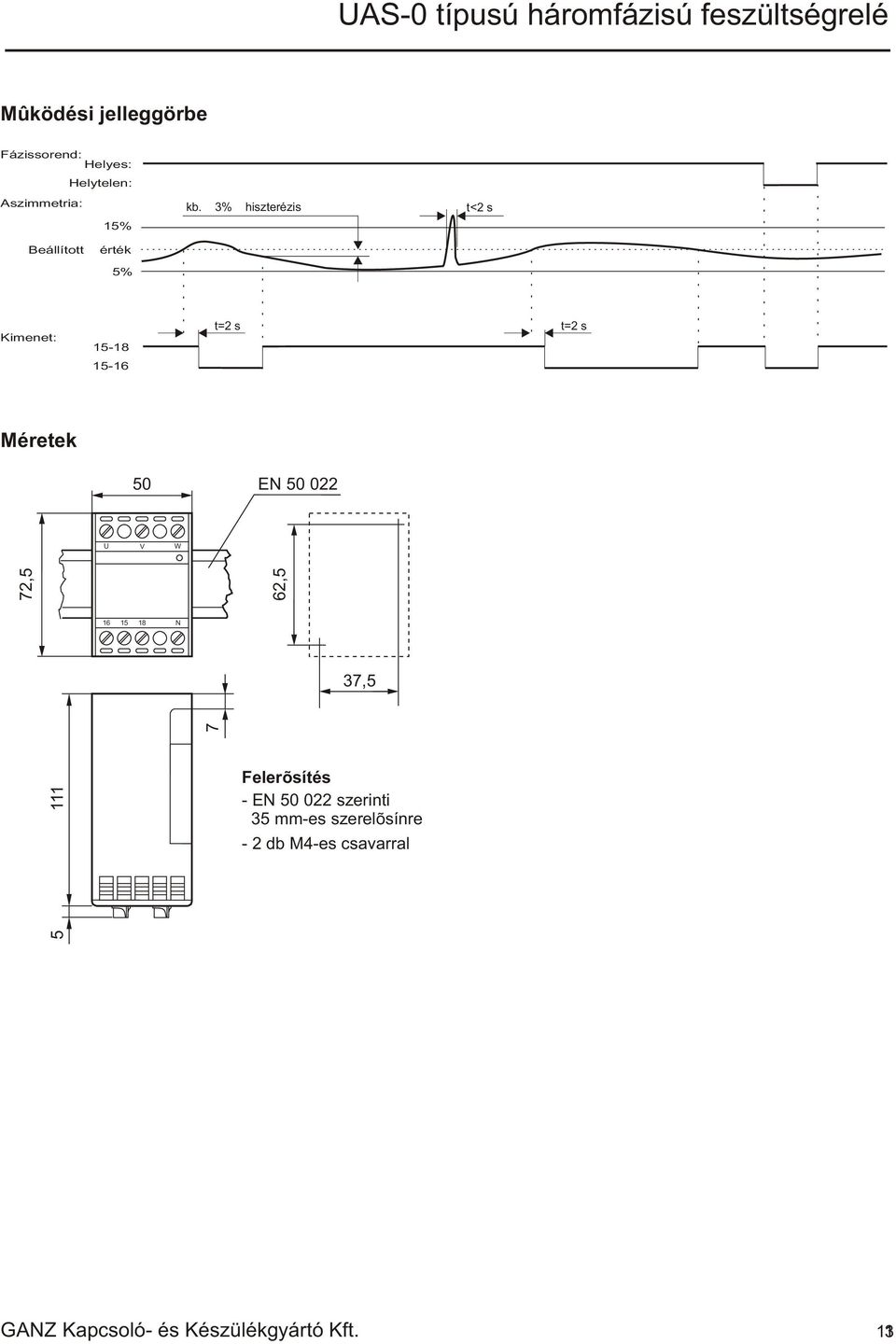 3% hiszerézis <2 s Kimene: 5-6 =2 s =2 s Méreek 50 E 50 022 U V W 72,5 6 5 8 37,5