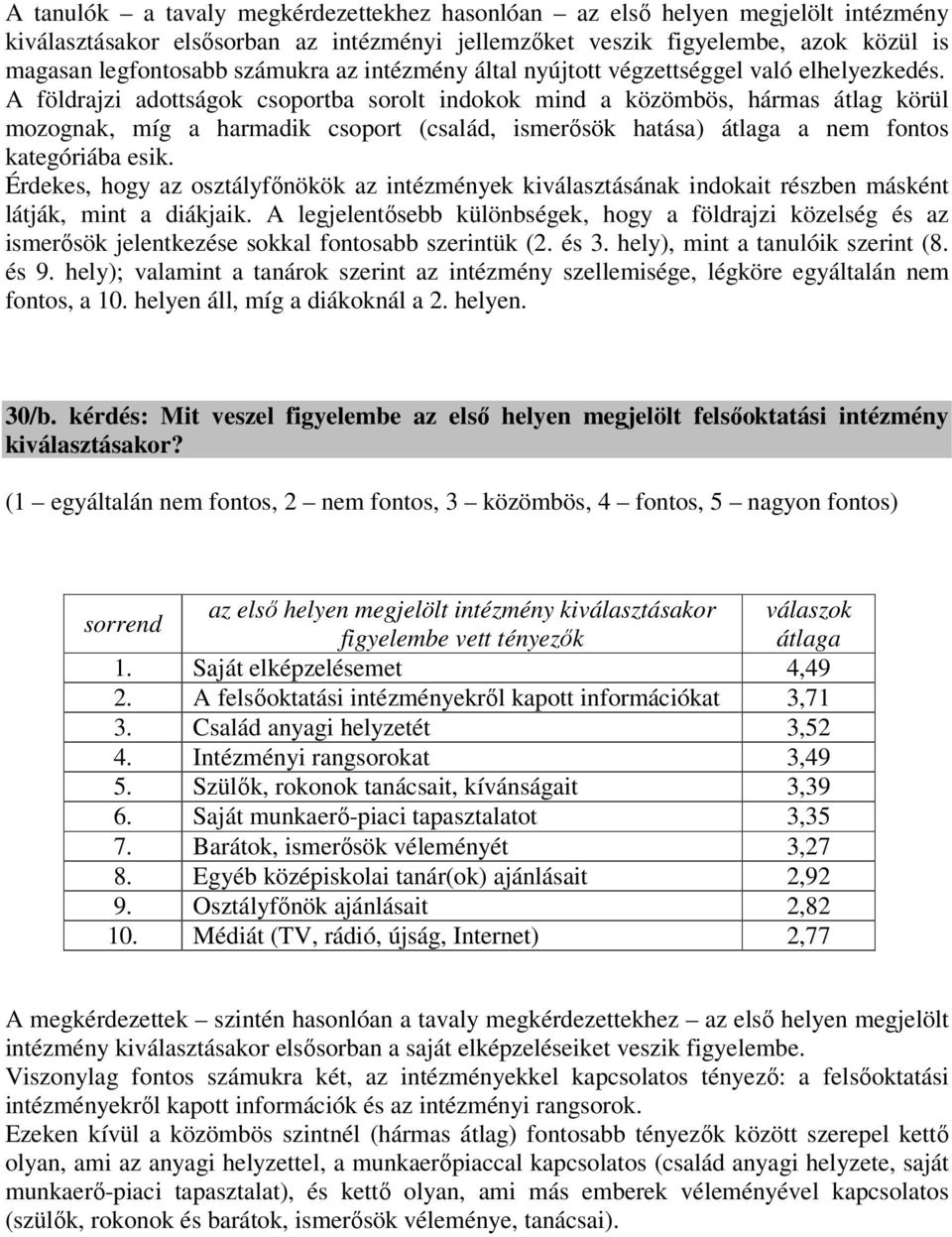 A földrajzi adottságok csoportba sorolt indokok mind a közömbös, hármas átlag körül mozognak, míg a harmadik csoport (család, ismerısök ) átlaga a nem fontos kategóriába esik.